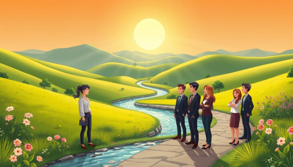 A serene landscape depicting the journey of emotional growth. In the foreground, a diverse group of individuals dressed in professional attire, standing on a winding path, each representing different stages of personal development. In the middle ground, a gentle stream symbolizes the flow of emotions, with lush greenery and blooming flowers signifying growth and renewal. The background features soft hills under a bright, warm sky, with rays of sunlight streaming down, creating a hopeful and uplifting atmosphere. The scene is captured with a slightly shallow depth of field to focus on the individuals in the foreground, enhancing their expressions of reflection and determination. The overall mood is one of tranquility and inspiration, embodying the essence of emotional growth. --v 5 --ar 16:9 --q 2 --s 750 --style 4b nextself.ai A serene landscape depicting the journey of emotional growth. In the foreground, a diverse group of individuals dressed in professional attire, standing on a winding path, each representing different stages of personal development. In the middle ground, a gentle stream symbolizes the flow of emotions, with lush greenery and blooming flowers signifying growth and renewal. The background features soft hills under a bright, warm sky, with rays of sunlight streaming down, creating a hopeful and uplifting atmosphere. The scene is captured with a slightly shallow depth of field to focus on the individuals in the foreground, enhancing their expressions of reflection and determination. The overall mood is one of tranquility and inspiration, embodying the essence of emotional growth. --v 5 --ar 16:9 --q 2 --s 750 --style 4b nextself.ai